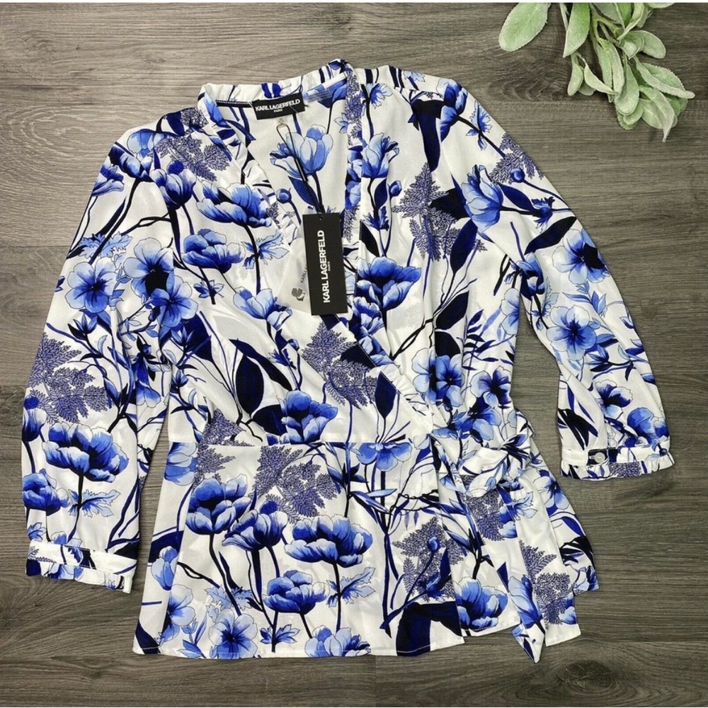 KARL LAGERFELD PARIS Women’s sz XS Blue Floral Faux Wrap 3/4 Sleeve Blouse